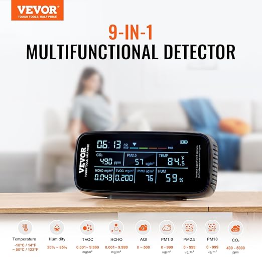 VEVOR Air Quality Monitor 9-in-1, CO2, Temperature, Humidity, Formaldehyde TVOC AQI Tester, Professional PM2.5 PM10 PM1.0 Particle Counter for Indoor/Outdoor, Air Quality Meter w/Alarm Thresholds - Image 2