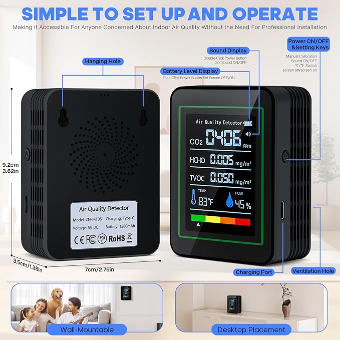 Indoor Air Quality Monitor,LXIANGN 5 in 1 Professional Air Quality Detector for CO2 | TVOC | HCHO | Temperature | Humidity for Home, Hotel, Office, Car (Black) - Image 6