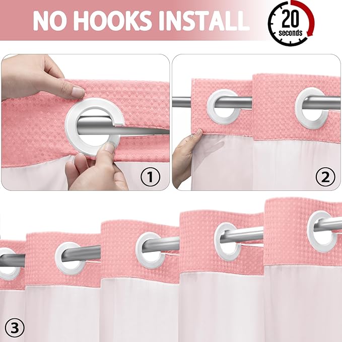 No Hook Shower Curtain and Liner Set,Pink Hotel Waffle Shower Curtain with Liner 75" L x 72" W - Image 2