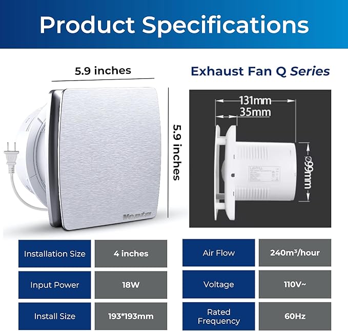Venta 4 Inch Exhaust Fan – 1.5 Sones, Quiet Wall Mount Bathroom Exhaust Fan – Powerful 56 CFM Airflow, Anti-Backflow, Energy-Efficient - For Kitchen, Garage, Office - Silver - Image 2