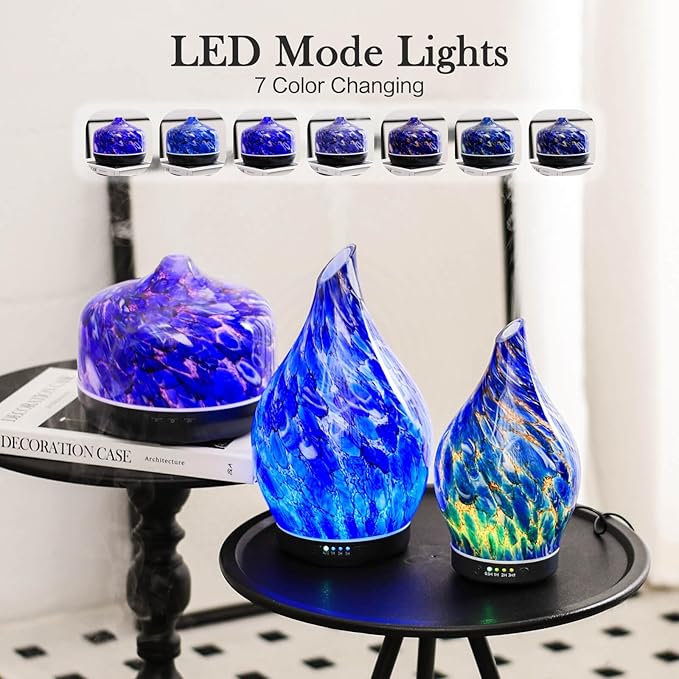 Porseme 500ml Glass Essential Oil Diffuser Aromatherapy Ultrasonic Cool Mist Humidifier 15-21 Running Hours Waterless Auto-Off Air Diffusers for Sleeping Yoga Office Working Spa and Rest (Deep Blue) - Image 2