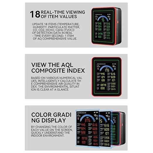 18 in 1 Air Quality Monitor Weytoll Smart Air Quality Tester Temperature and Humidity Meter with Color Screen for Home Office, Detect Indoor PM0.3 PM0.5 PM1.0 PM5.0 PM10 CO2 C6H6 TVOC - Image 8