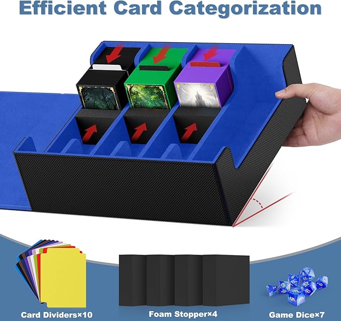 Mlikero Card Deck Case, 2400+ Trading Card Storage Box with 10 Colorful Dividers and 4 Foam Stoppers, Leather Magnetic Closure Commander Deck Box Fit for MTG, TCG (4 Rows, Black&Blue) - Image 3