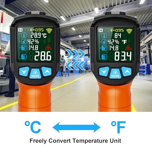 MESTEK Infrared Thermometer Gun, Non Contact Digital Laser Thermometer Temperature Gun with Color LCD for Cooking, Home Repairs, Humidity Measurement, Adjustable Emissivity -58°F to 1472°F(-50~800°C) - Image 7
