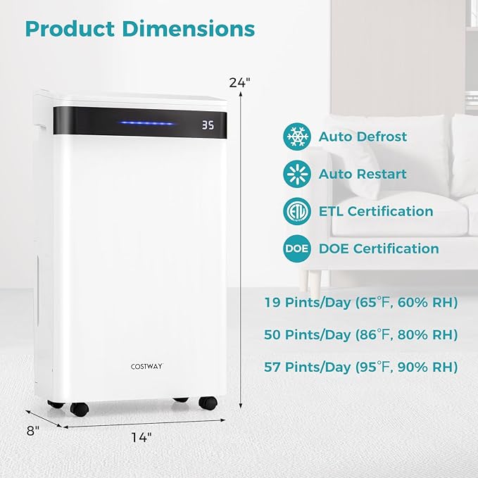 COSTWAY 4,500 Sq. Ft Dehumidifier for Basement, 3-Color Humidity Indicator, Dry Clothes Mode, 12" Drain Hose & Wheels, 57 Pint/Day Dehumidifier for Large Room (White&Black) - Image 5