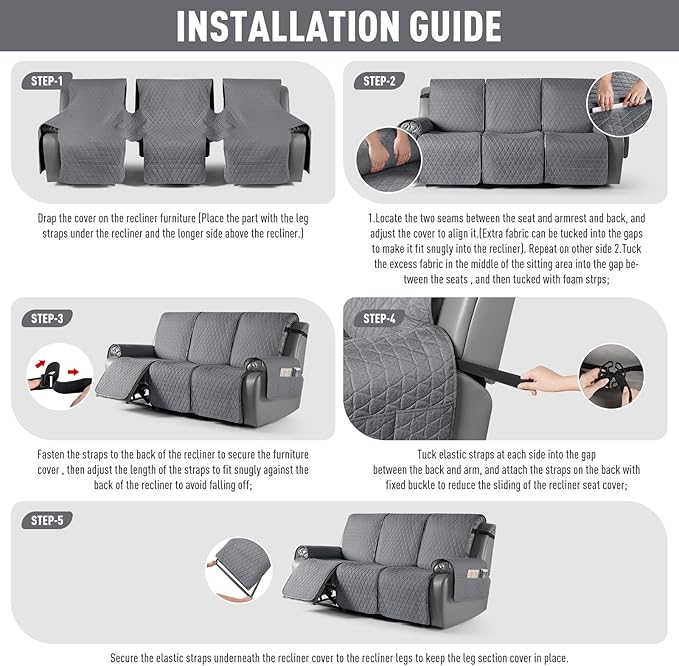 TAOCOCO 100% Waterproof Recliner Cover, Non-Slip Washable Reclining Couch Cover with Elastic Leg Straps, Furniture Protector for Dogs (Gray,3 Seater) - Image 7