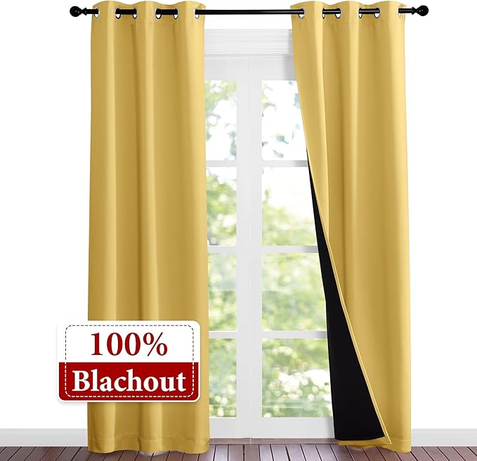 NICETOWN Bright Yellow Full Shade Curtain Panels, 37" Wide x 80" Long, Pair of Thermal Insulated & Energy Efficiency Blackout Curtains for Living Room Windows, Lined Silky Performance Window Dressing - Image 2