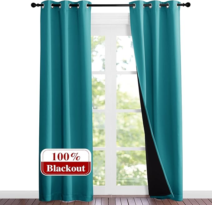 NICETOWN Peacock Teal Blackout Curtains 84 inches Long, Full Light Blocking Drapes with Black Liner for Nursery, Noise Reducing Thermal Insulated Draperies for Doorway (2 Pieces, 37" Wide Each Panel) by NICETOWN