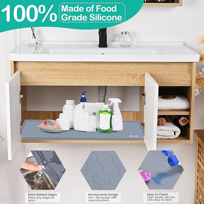 Waterproof Under Sink Mat 34" x 19", Silicone Cabinet Liner, Rubber Protector for Kitchen and Bathroom, Keeps Cabinets Clean, Dry, and Organized (Grey) - Image 3