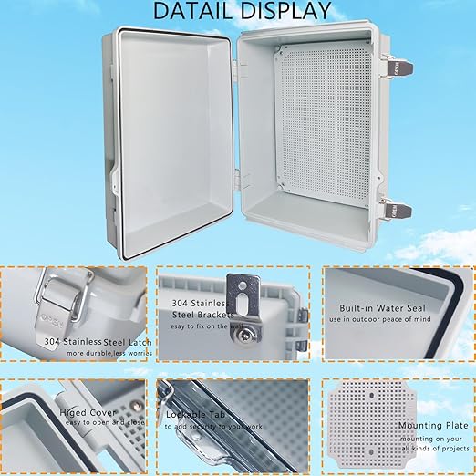 Waterproof Junction Box, ABS Plastic Electrical Box with Stainless Steel Latch, Hinged Cover Electric Project Enclosure Box with Mounting Plate, Wall Brackets 15.7"x11.8"x7.1 - Image 3
