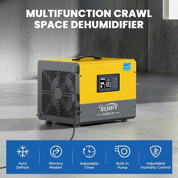 70 Pint Crawl Space Dehumidifier with Energy Star & Pump & Drain Hose for Basement, Commercial, Whole House, Industrial, Water Damage Restoration, Spaces Up to 2000 Sq Ft, Auto Defrost,Memory Restart - Image 5