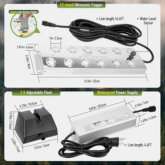 Ultrasonic Fogger Mist Maker 12 Head (9000ml/H) with 400W Waterproof Power Supply & Floats, Ultrasonic Humidifier Ideal for Pond, Vegetable Preservation, Landscape, Lawn, Halloween - Image 3
