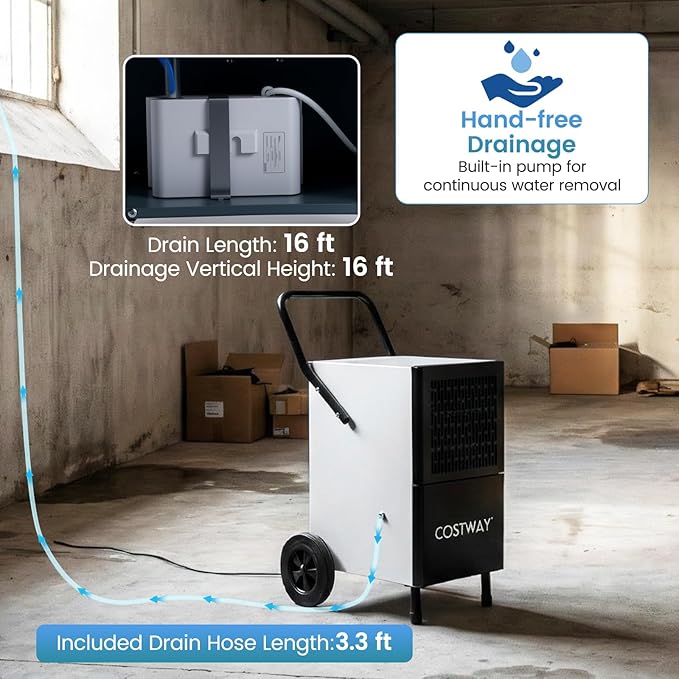 COSTWAY 189 Pints Commercial Dehumidifier with Pump, 3.3Ft Drain Hose & Wheels, Industrial Dehumidifier for Basement, Warehouse, Job Sites & Large Space Up to 7,500 Sq.Ft - Image 4