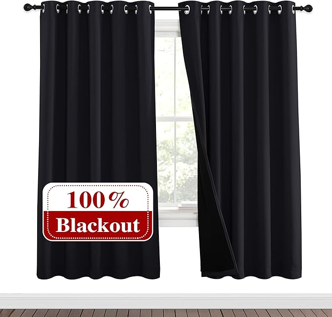 NICETOWN 100% Blackout Window Curtain Panels, Full Light Blocking Drapes with Black Liner for Nursery, 72 inches Drop Thermal Bedroom Drapes and Curtains (Black, 2 Pieces, 62 inches Wide Per Panel) by NICETOWN