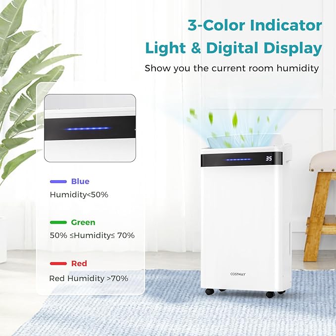 COSTWAY 4,500 Sq. Ft Dehumidifier for Basement, 3-Color Humidity Indicator, Dry Clothes Mode, 12" Drain Hose & Wheels, 57 Pint/Day Dehumidifier for Large Room (White&Black) - Image 4