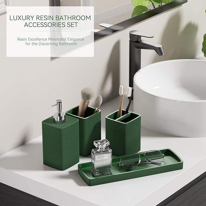 Green Bathroom Set, Dark Green Bathroom Accessories Set with Shower Curtain and Rugs, Bath Towel Sets, Natural Loofah Sponge, Soap Dispenser, Toothbrush Holder, Bathroom Tumbler and Tray for Bathroom - Image 6