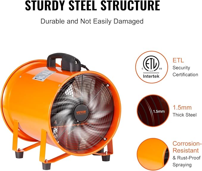 VEVOR Air Mover Blower Fan 10 Inch, 1893CFM 380W with 33ft Flexible Duct, Industrial Portable Ventilator Blower/Exhaust, Orange - Image 3