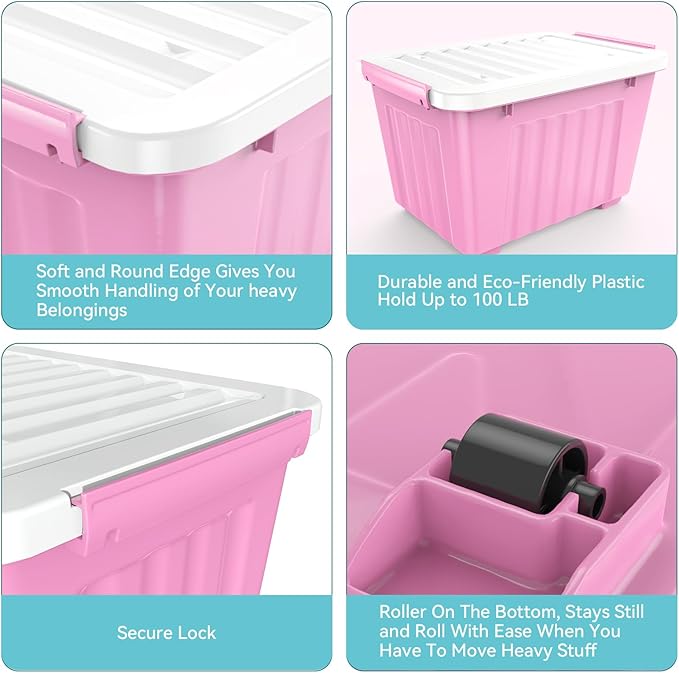 Nazhura Plastic Storage Bin, Stackable and Nestable Storage Boxes with White Lids and Secure Latching Buckles, Large Storage Container (Pink/White, 72Quart-4Pack) - Image 3