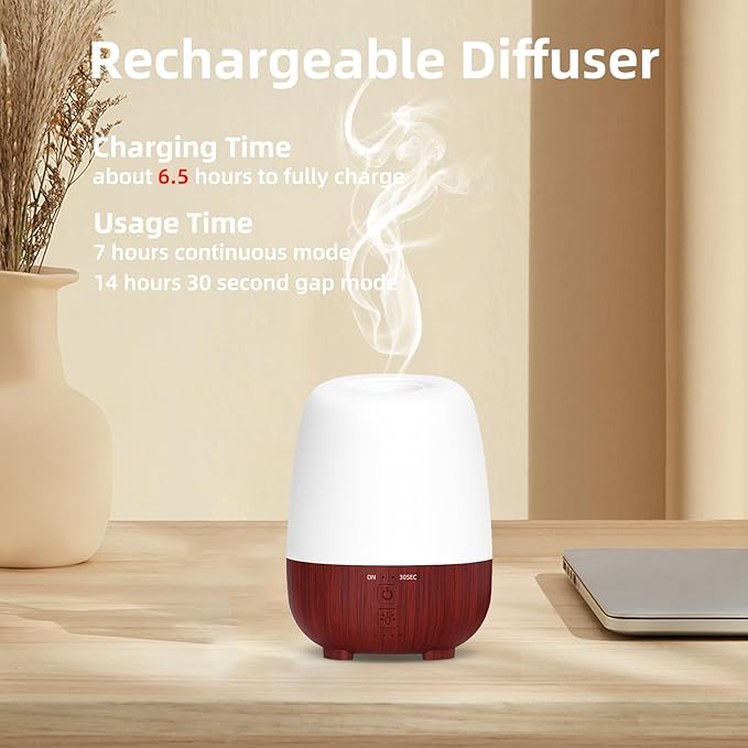 150ML Cordless Essential Oil Diffuser, Rechargeable Battery-Operated Quiet Aromatherapy Diffuser with 7-Hour Runtime,2 Timer Settings & 7-Color LED Light for Bathroom,Bedroom,Living,Room - Image 2