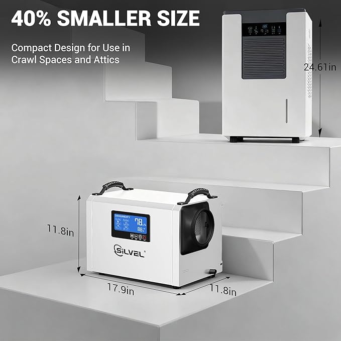 SILVEL 145 Pint Dehumidifier with Drain Hose, Commercial Compact Dehumidifier for Crawl Spaces, Basements, Industry Water Damage Unit, Large Capacity, Portable, Up to 6000 Sq.Ft, White - Image 7