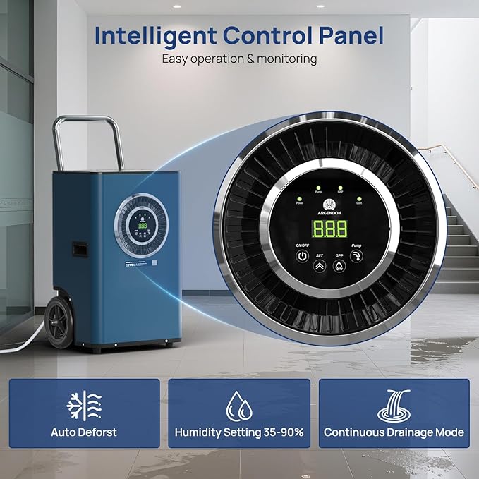 ARGENDON 145 Pints Commercial Dehumidifiers for Basements with Pump, AUTO Defrost, Industrial Dehumidifier with Drain Hose Portable Handle for Large Space, Water Damage Restoration, Home, Garage - Image 6
