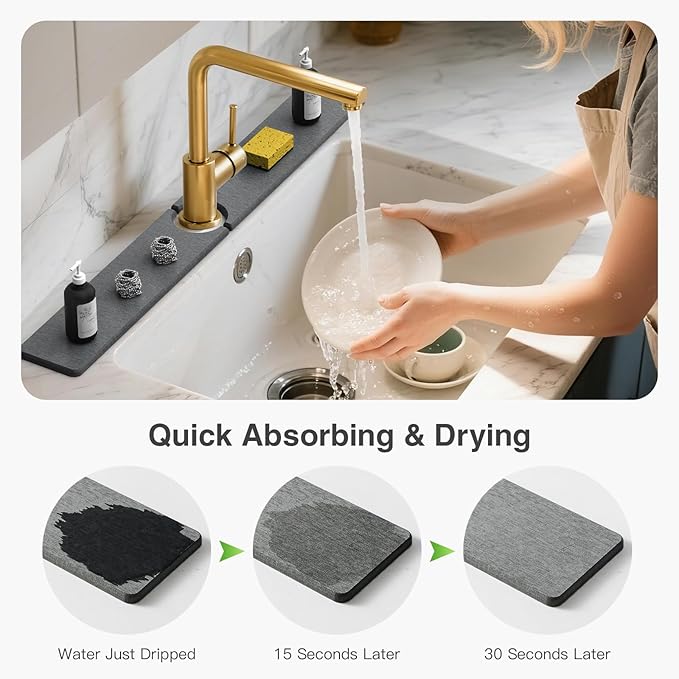 30" x 4" Stone Faucet Mat for Kitchen Sink, Quick Drying Diatomite Sink Tray, Faucet Sink Splash Guard for Prevents Moisture Buildup (Dark Gray) - Image 3