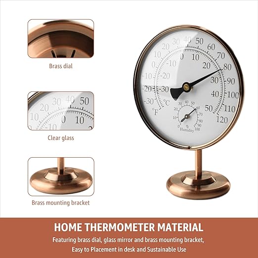 4-Inch Indoor Thermometer and Humidity Gauge, Room Analog Temperature and Humidity Monitor, Dual Scale Display, Brass Dial with Stand, Battery-Free for House, Home, Desk, Bedroom, Garage, RV - Image 6
