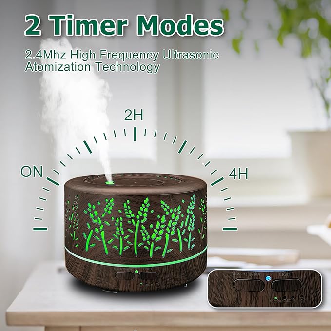 Diffusers for Essential Oils Large Room,600ml Essential Oil Diffusers for Home,Waterless Auto Off 7 Colors Changed 3 Mist Modes,Cool Mist Humidifiers for House Bedroom Decor,Gifts,Dark Wood - Image 3