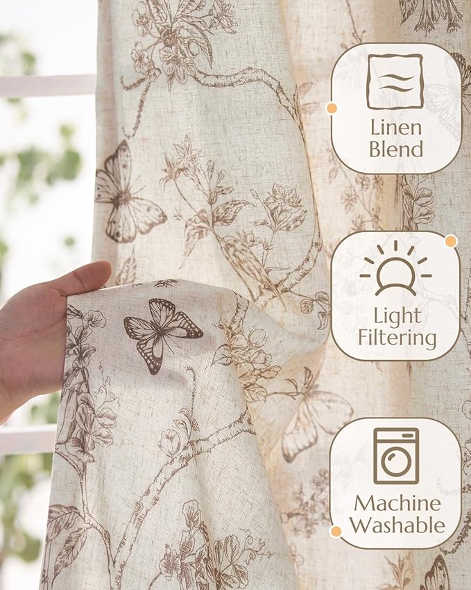 jinchan Floral Linen Curtains for Living Room 84 Inch Length Butterfly Curtain Taupe Floral Curtains French Country Farmhouse Curtain Flower Patterned Drapes Window Treatment Set 2 Panels - Image 4