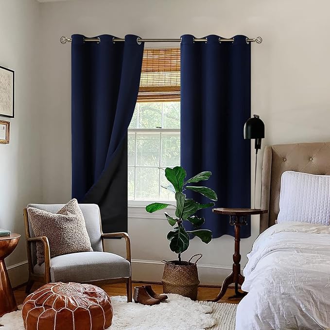BGment Navy 100% Blackout Curtains for Bedroom 63 Inches Long with Black Liner, Thermal Insulated Double Layer Full Room Darkening Noise Reducing Grommet Curtain (42 x 63 Inch, Navy Blue, 2 Panels) - Image 2