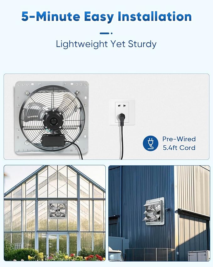 KEN BROWN 12 Inch Shutter Exhaust Fan Wall Mounted,Aluminum with 1.65 Meters Power Cord Kit,High Speed 1450CFM,Vent fan for Commercial,Greenhouse,Attic,Shed,Shop - Image 5