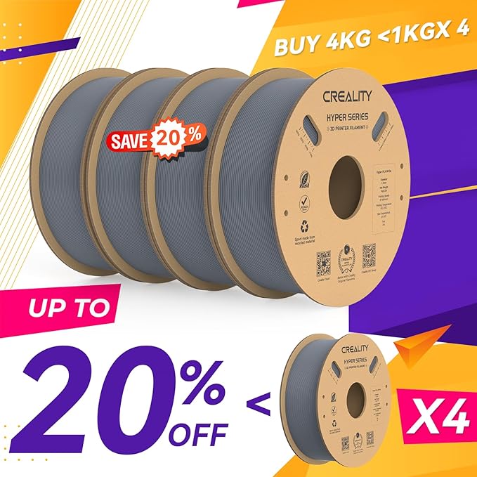 Creality Hyper PLA Filament 1.75mm, 30-600mm/s High Speed 3D Printer Filament, Dimensional Accuracy +/-0.02mm, Fit Most FDM 3D Printers, 4 Pack 1kg Spool(2.2lbs), Grey - Image 2