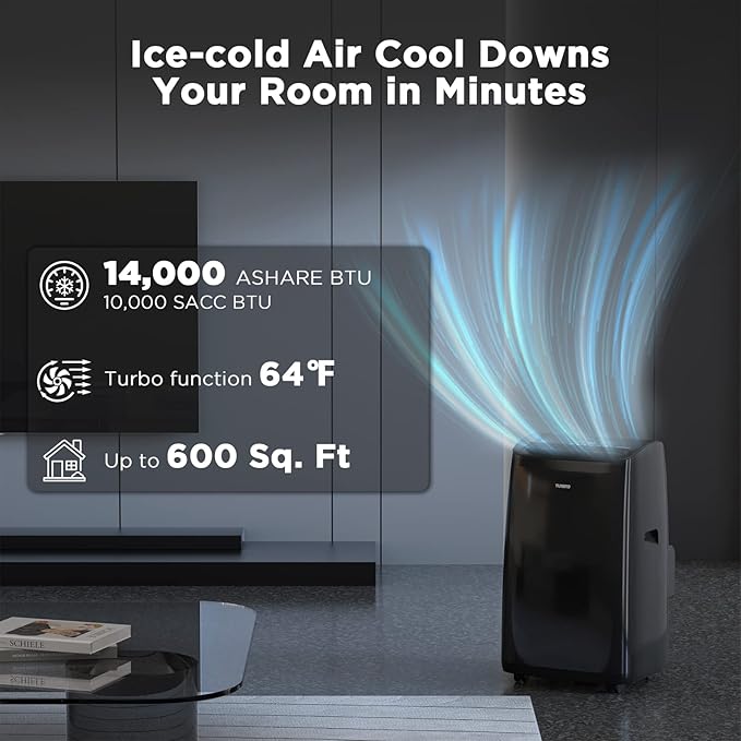 TURBRO 14,000 BTU Smart WiFi Portable Air Conditioner, Cooling up to 600 Sq Ft, 3 in 1 Functions, with Remote, Supports Alexa Control, Greenland - Image 2