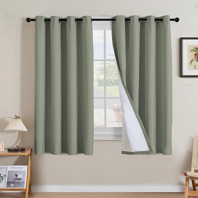 H.VERSAILTEX Linen Curtains 100% Blackout Curtains for Bedroom 63 inch Long Full Light Blocking Nature Linen Blended Window Curtains for Living Room Nickel Grommet (2 Panels, Heathered Dried Sage) by HVERSAILTEX
