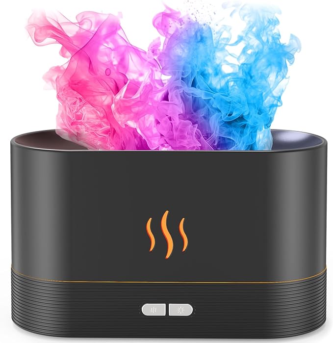 Essential Oil Diffuser, Air Humidifier with Flame Led Light - 7 Colors, 180mL Capacity (8 Hours), Noiseless Operation, Auto-Off Protection - Perfect for Home Bedroom Office Gifts(Black) by PIZAY