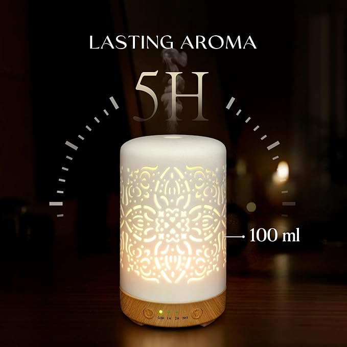 Earnest Living Essential Oil Diffuser White Ceramic Diffuser 100 ml Timers Night Lights and Auto Off Function Home Office Humidifier Aromatherapy Diffusers for Essential Oils - Image 2