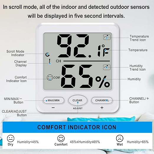 Urageuxy Indoor Outdoor Thermometer Wireless Digital Hygrometer Temperature and Humidity Gauge Monitor with Remote Sensor 4.8 Inches Large Display for Room Greenhouse Garden - Image 5
