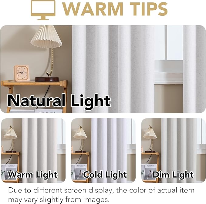 H.VERSAILTEX Linen Curtains 100% Blackout Curtains for Bedroom 102 inch Long Full Light Blocking Nature Linen Blended Window Curtains for Living Room Nickel Grommet (2 Panels, Heathered White) - Image 4