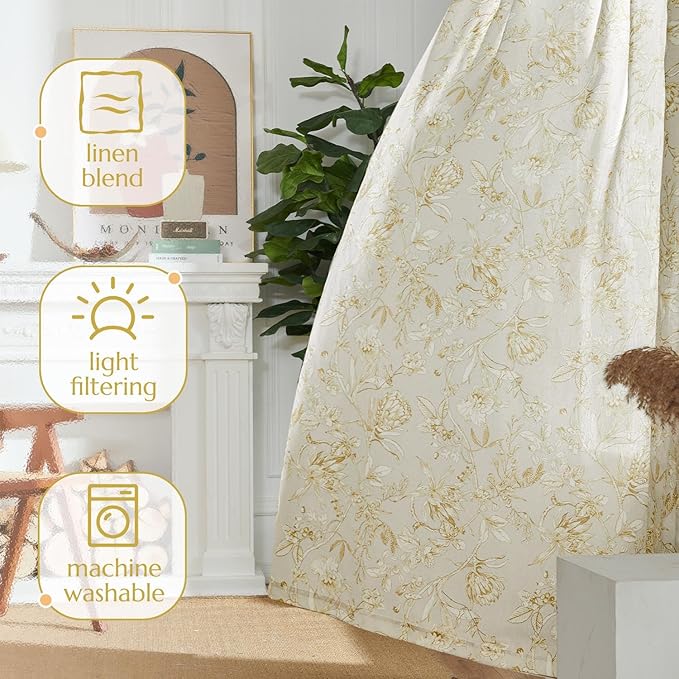 jinchan Floral Curtains 84 Inches Long Mustard Yellow Flower Linen Farmhouse Curtain for Living Room French Country Vintage Curtain Rod Pocket Curtains Set 2 Panels Floral Printed - Image 7
