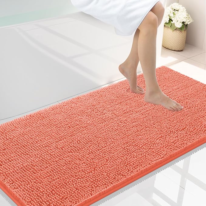 Smiry Luxury Chenille Bathroom Rugs 47x24, Extra Soft and Absorbent Shaggy Bath Mat, Machine Washable, Non-Slip Plush Carpet Runner for Tub, Shower, and Floor, Home Decor Accessories, Coral by Smiry