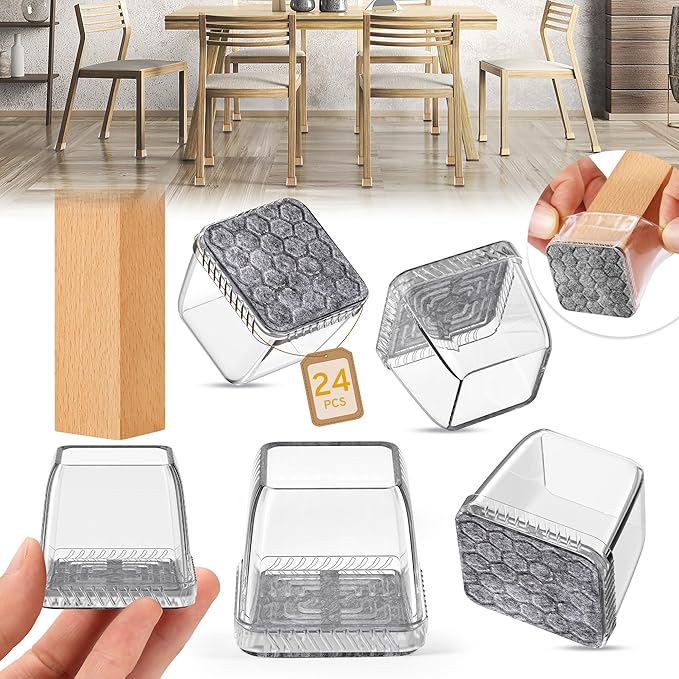 24PCS Square Chair Leg Floor Protectors, Furniture Sliders, Chair Leg Protectors for Hardwood Floors, Non-Slip Felt Furniture Pads, Silicone Cap Covers to Protect Floors, (Fit 1.1" - 1.5") by Indemo