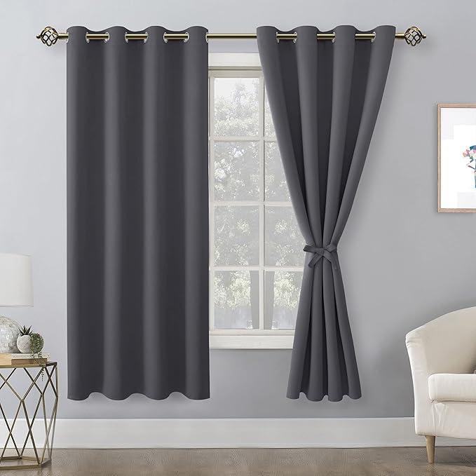 Hiasan Blackout Curtains for Bedroom, 52 x 63 Inches Length - Thermal Insulated & Light Blocking Window Curtains for Living Room, 2 Drape Panels Sewn with Tiebacks, Dark Grey - Image 2