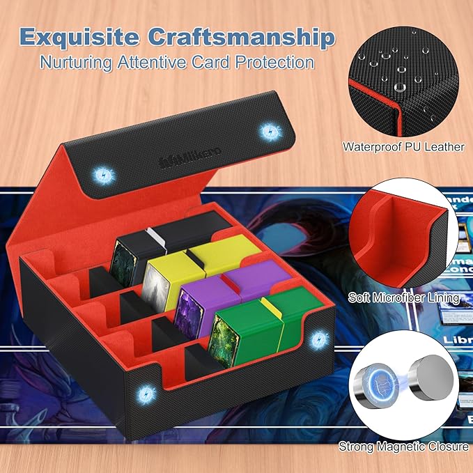 Mlikero Card Deck Case, 2400+ Trading Card Storage Box with 10 Colorful Dividers and 4 Foam Stoppers, Leather Magnetic Closure Commander Deck Box Fit for MTG, TCG (4 Rows, Black&Red) - Image 4