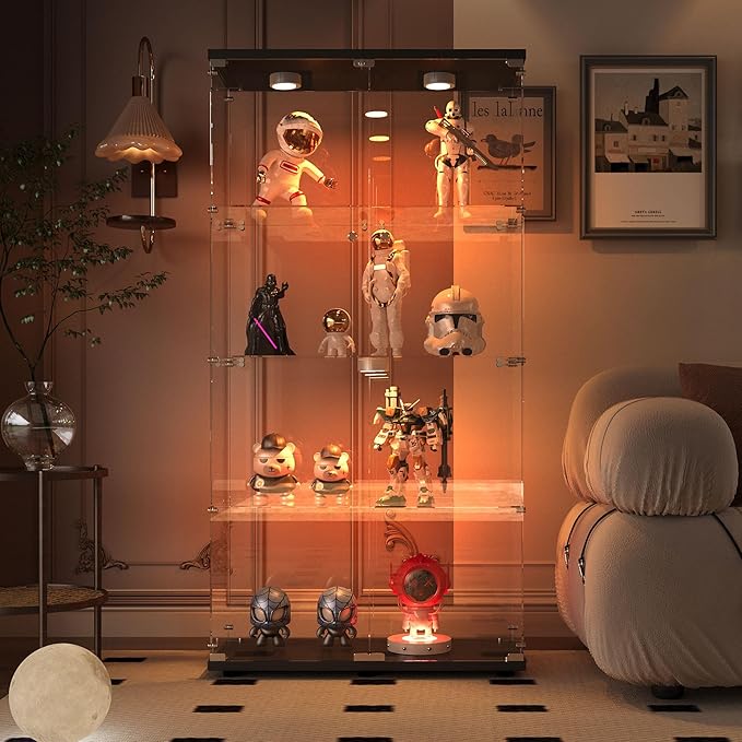 Yoluckea 4-Tier Glass Display Cabinet with Paipai Light, 2-Door Floor Standing Curio Cabinet with Adjustable Floor Feet for Home Office Corner Display, Black Glass Bookshelf for Collections and Decor - Image 5
