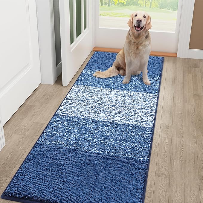 Smiry Dog Door Mat for Muddy Paws, Absorbs Moisture and Dirt, Low-Profile Entryway Mat with Non-Slip Backing, Entry Indoor Outdoor Doormat for Inside Floor (48x30 Inches, Navy Blue, Striped) by Smiry