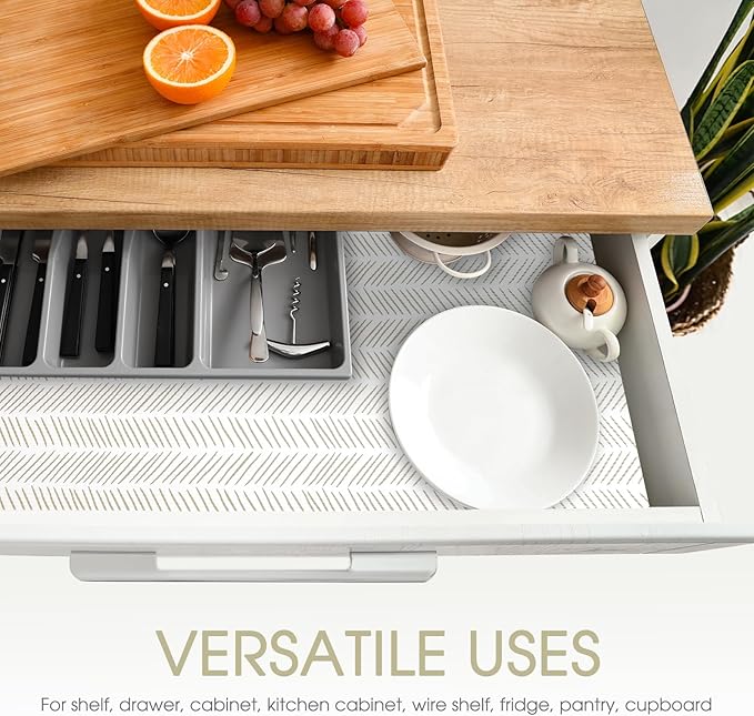 Glotoch Shelf Liners for Kitchen Cabinets, 12in x 20FT Non-Adhesive Liners for Shelves,Non Slip Waterproof Contact Paper for Drawers Pantry EVA Wire Shelf, White and Beige Herringbone - Image 4