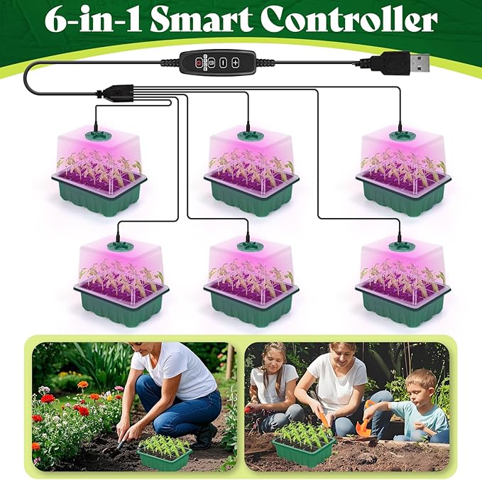 Seed Trays Seeding Starter Tray, Plant Nursery Pot with Humidity Control Lid, Easy Transplanting for Greenhouse Temperature Flowering Herb Crops Germination (6-Pack Green with Lights) - Image 5