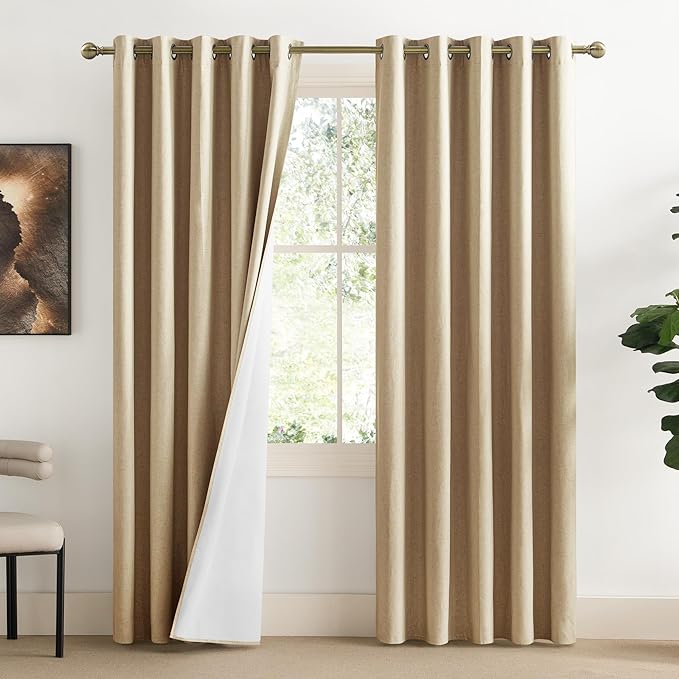 NICETOWN 100% Absolutely Blackout Linen Curtains with Thermal Insulated White Liner, Camel, 62" Wide, 2 Pieces, Privacy Vertical Window Drapes for Office Laundry Living Room Windows 84 inch Long by NICETOWN