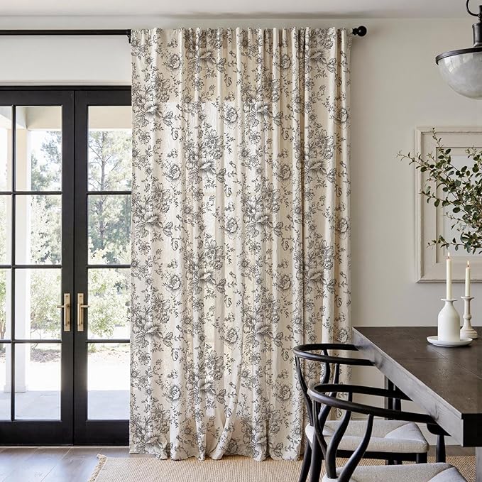 jinchan Linen Floral Curtains Extra Wide for Patio Sliding Glass Door Room Divider Curtain for Living Room 96 Inch Length Farmhouse Peony Black Printed Curtain Set 1 Panel - Image 5