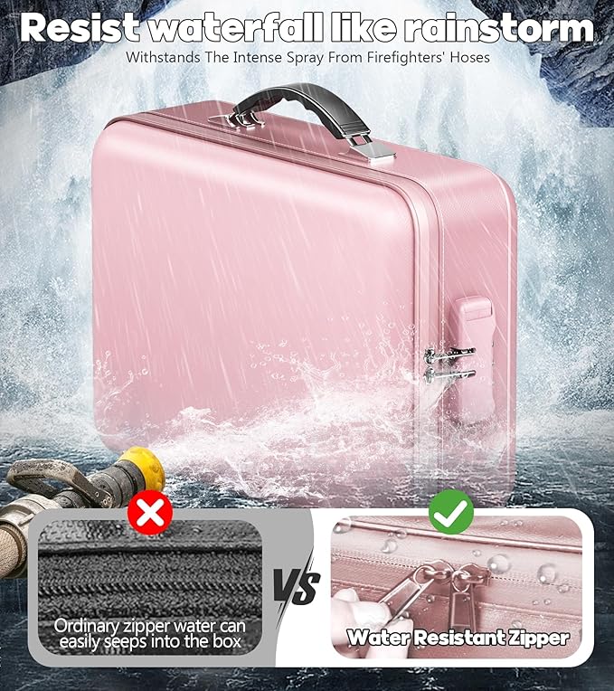Fireproof Document Box, Hard Case Highly Flame-Resistant Fire Proof Waterproof File Organizer with Lock, Portable Fire Safe for Important Documents & Valuables Storage (Pink, ‎14"*11"*5") - Image 7